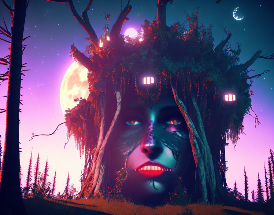 Surreal image of woman's face merged with treehouse under purple sky