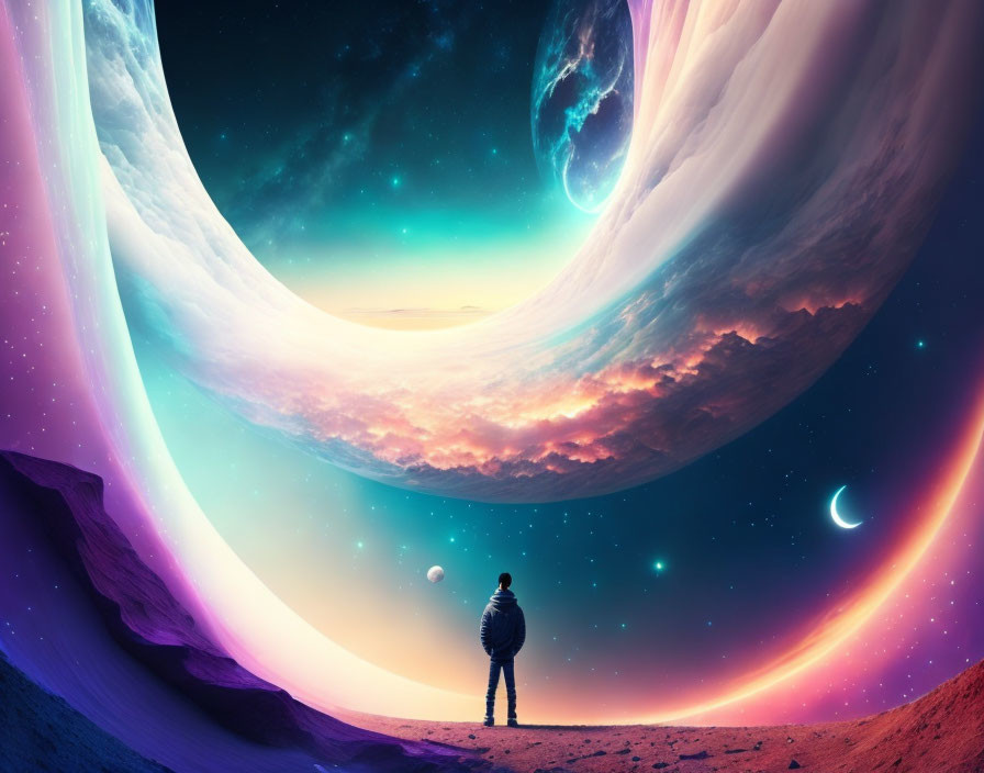 Person standing on desert terrain under surreal colorful sky with planets and moons