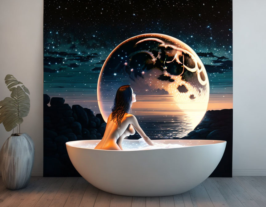 Woman in bathtub gazes at surreal cosmic ocean with rising moon