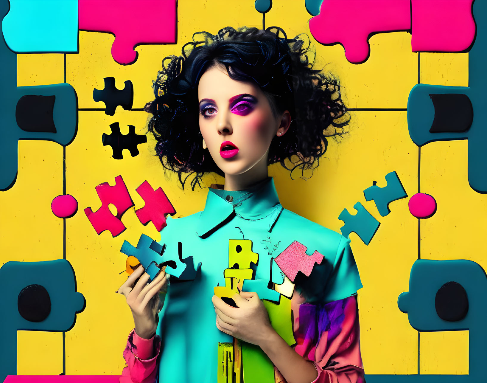 Colorful makeup woman in front of yellow puzzle background