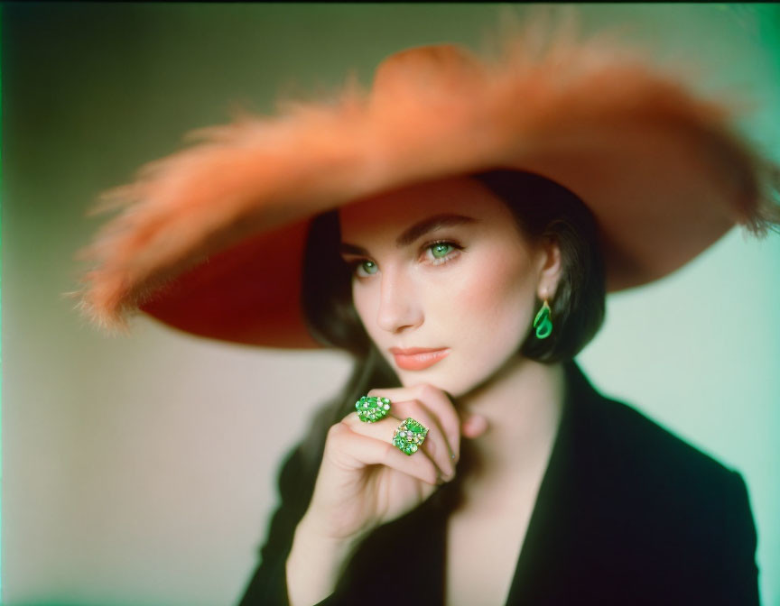 Elegant woman in feathered hat, green earrings, and ring against soft background