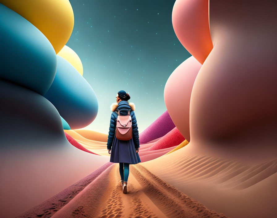 Backpacker admiring surreal colorful rock formations in desert landscape