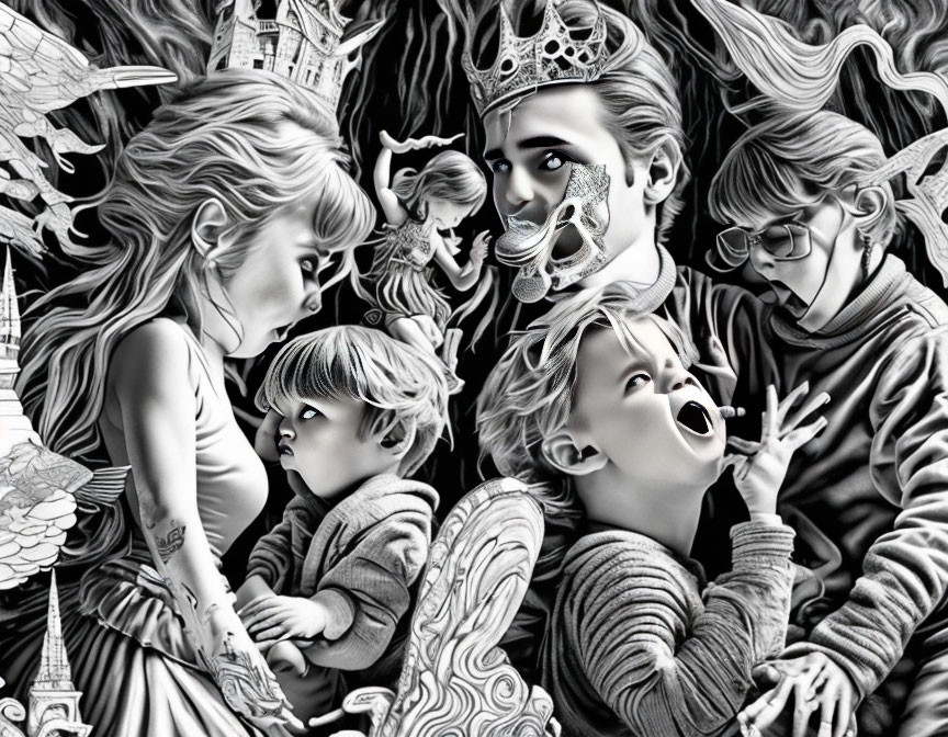 Detailed Monochrome Artwork of Woman and Children with Whimsical Elements