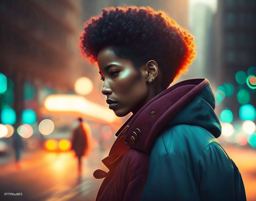 Profiled woman with afro in green coat against city lights at dusk