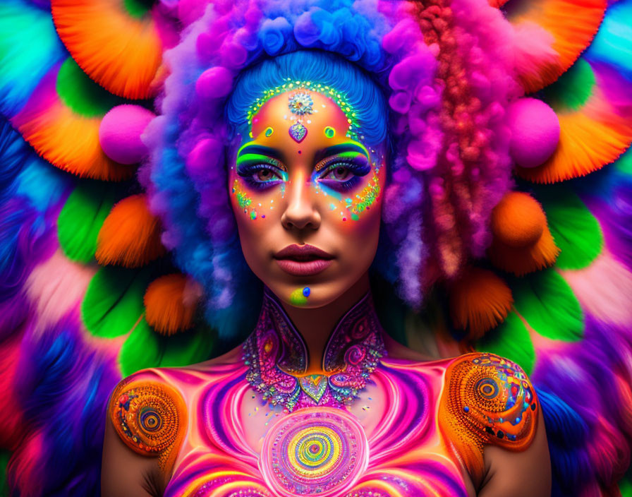 Colorful portrait of person with intricate body and face paint in fluffy, multi-colored halo