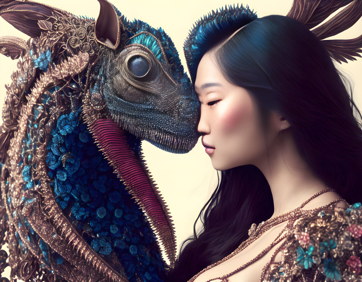 Profile of woman with long black hair touching foreheads with fantastical creature with ornate horns and blue