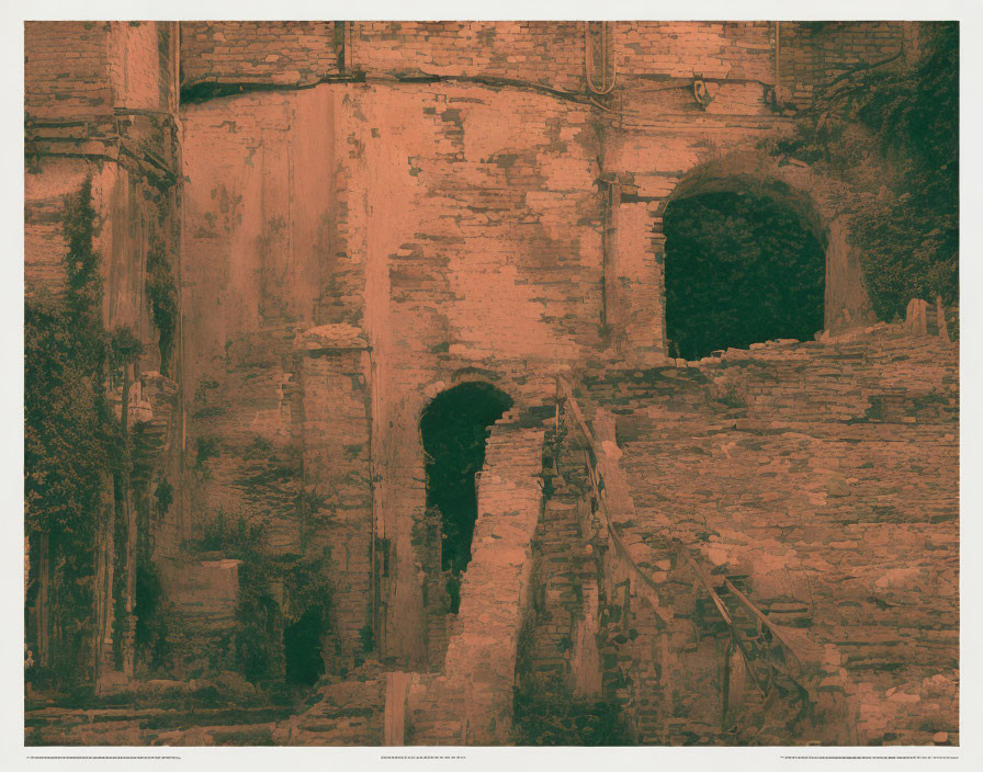 Vintage-Toned Image of Old Dilapidated Building with Staircase, Arches, and Rem