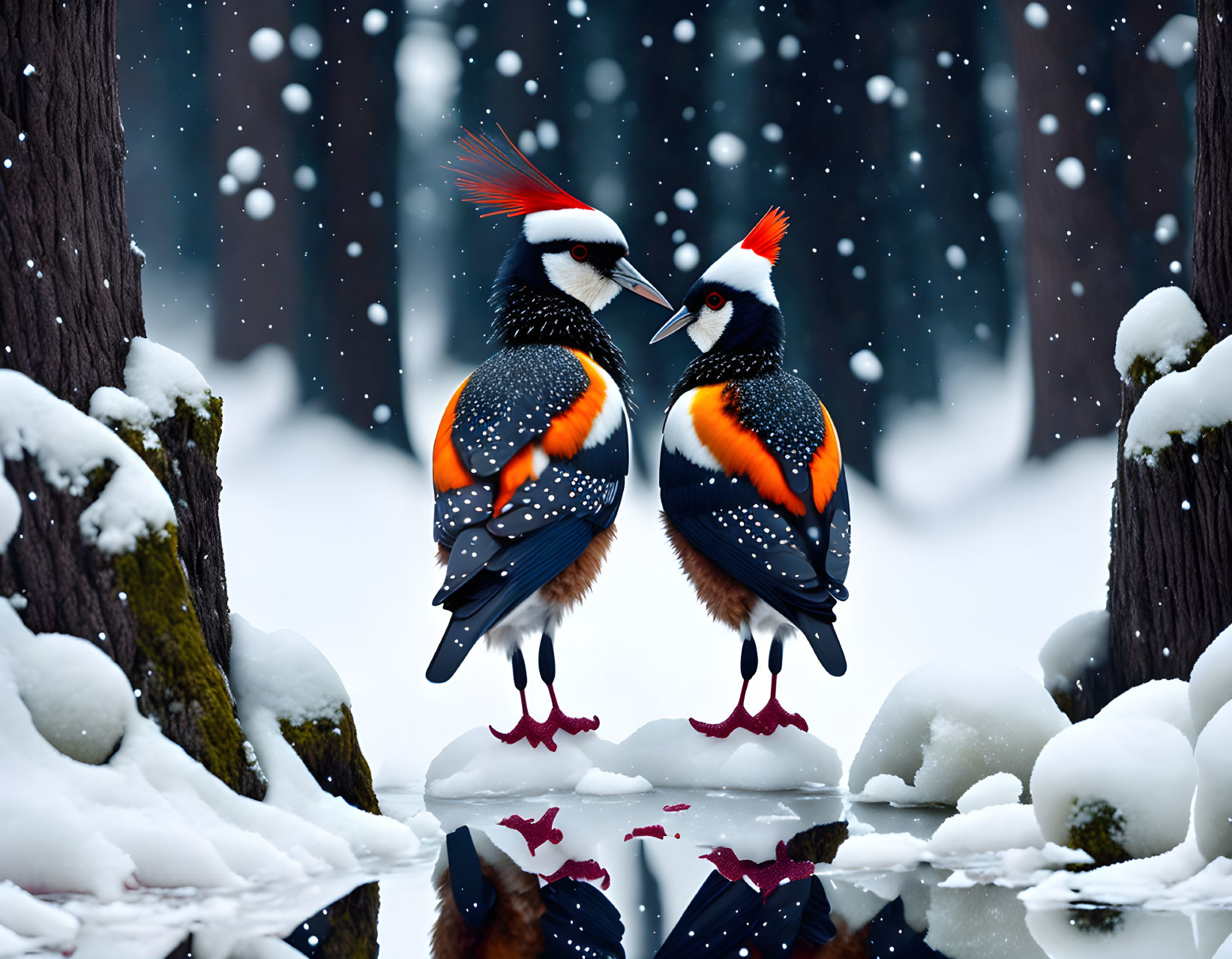 Colorful Birds with Feather Crests on Snowy Branch in Tranquil Forest