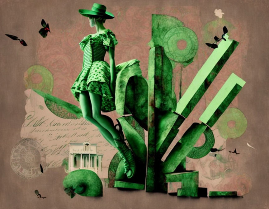 Green-toned figure and abstract shapes in surreal collage