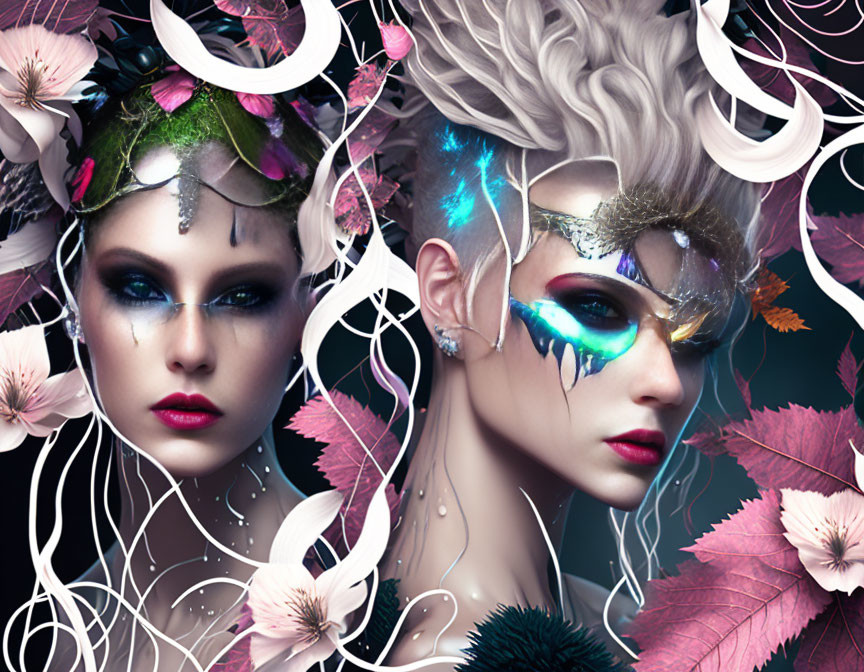 Stylized women with fantasy makeup and glowing elements on dark floral background