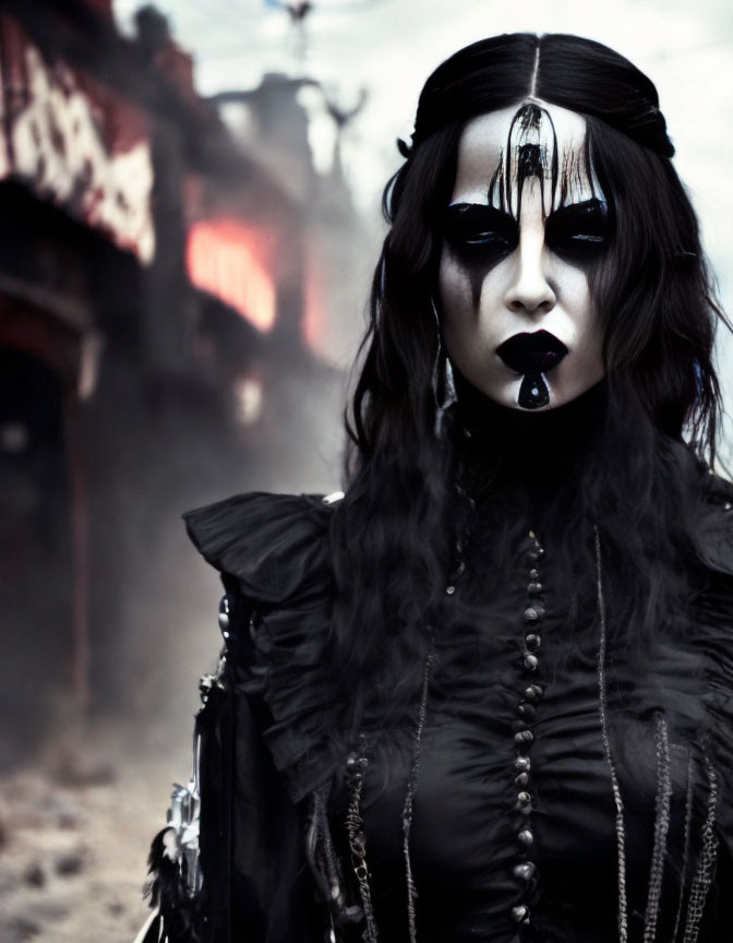 Gothic makeup and dark attire in misty setting