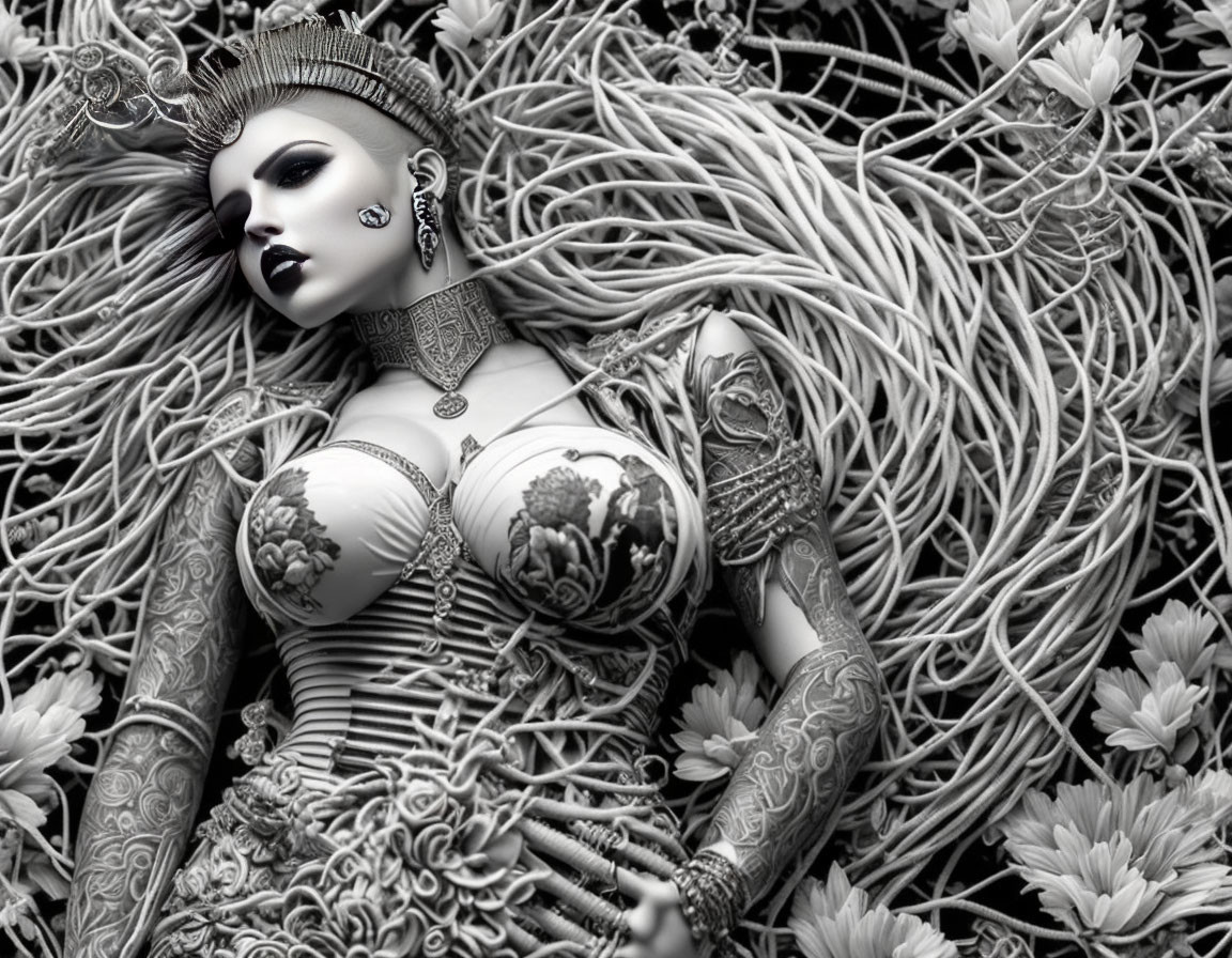 Monochrome image of tattooed female figure on intricate background