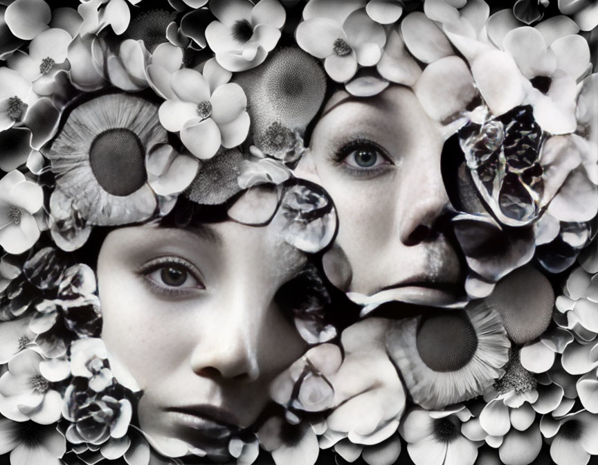 Dual faces obscured by floral overlay and ring create artistic, dreamlike scene.