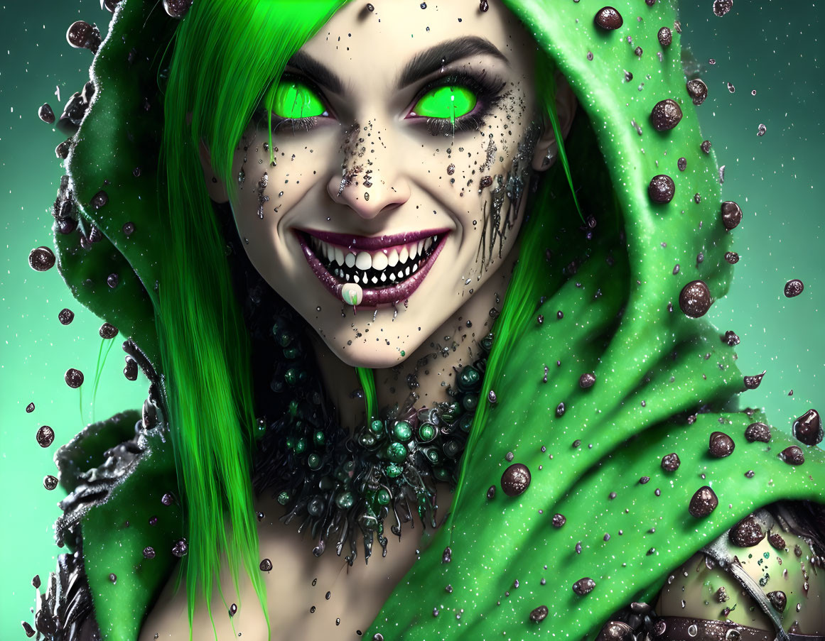 Digital art portrait of a green-skinned creature with luminous eyes and sharp teeth in a hood with