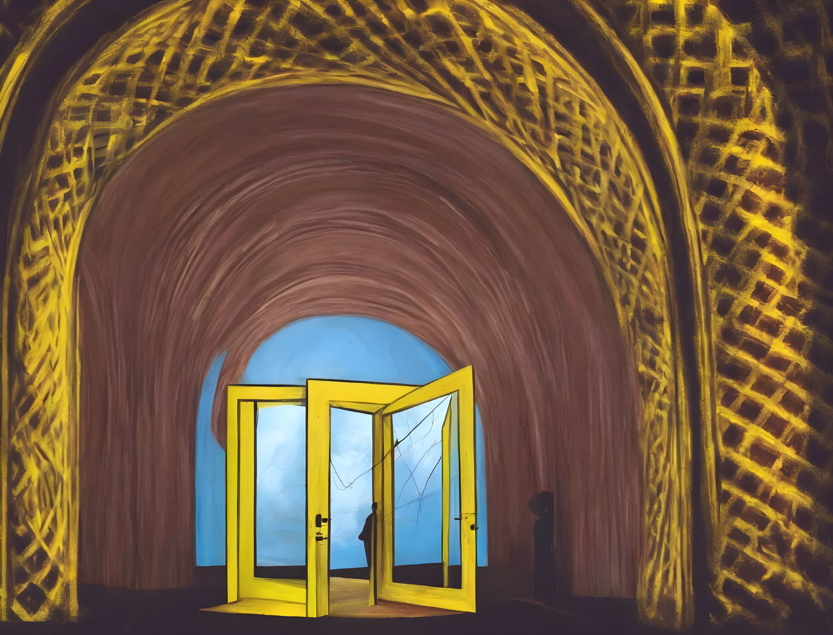 Surreal illustration of arched tunnel with yellow geometric structure and open doors, figure in silhouette.