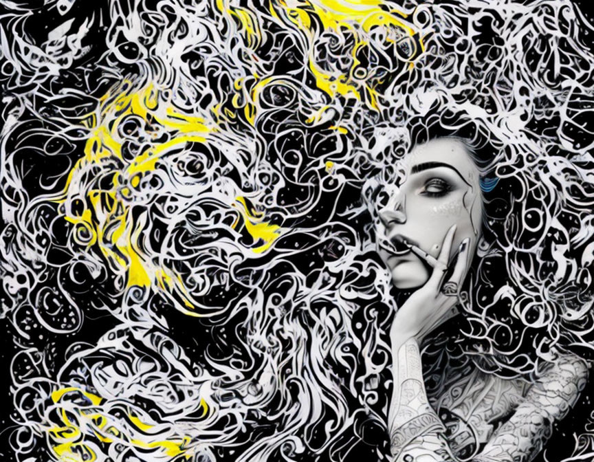 Tattooed woman in hypnotic black and white swirls with yellow splashes