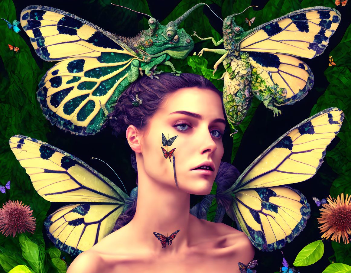 Surreal portrait of woman with giant butterflies and grasshopper on green foliage