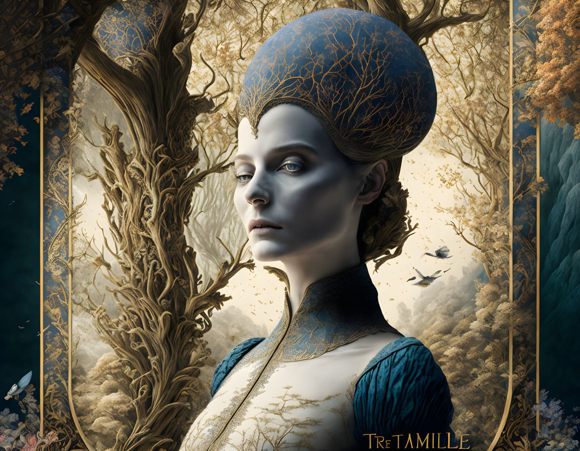 Fantastical portrait of female figure with blue skin and spherical headpiece in golden tree setting.