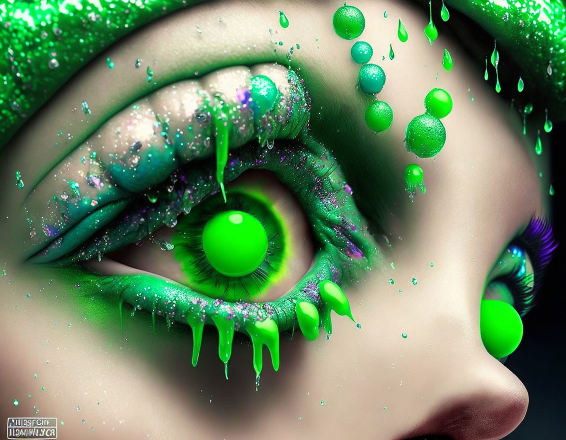 Vivid green makeup eye close-up with dripping liquid and purple accents