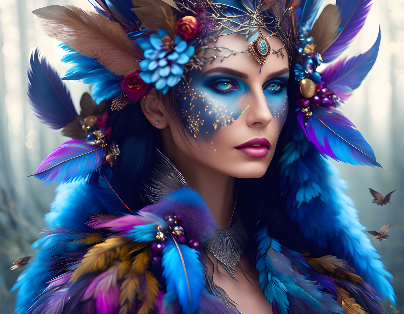 Woman with Blue Eyes in Fantasy Headdress in Mystical Forest