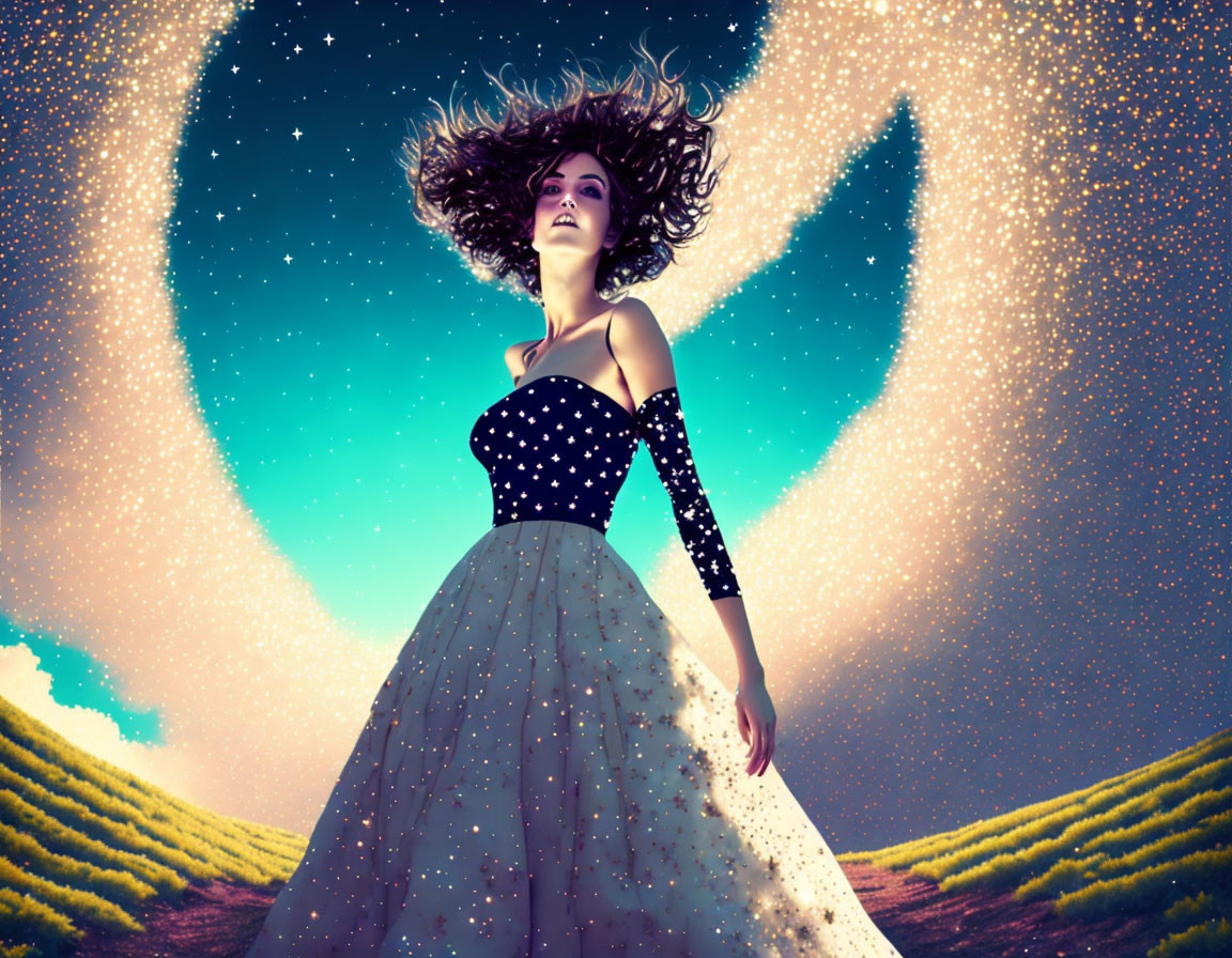 Woman in Star-Patterned Dress on Surreal Moonlit Landscape