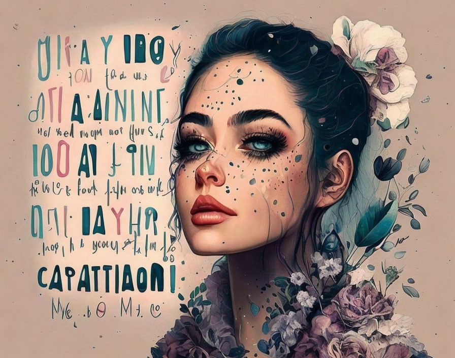 Dark-haired woman with bold makeup in floral-themed illustration with artistic calligraphy text.