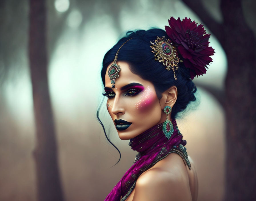 Woman with dramatic makeup and headpiece in mystical forest