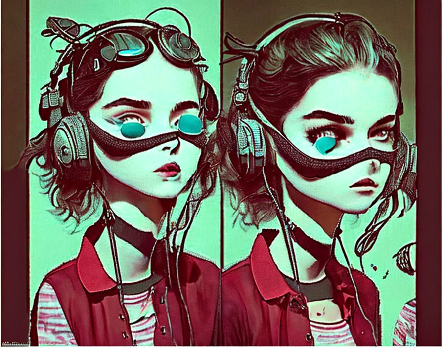 Stylized female with aviator goggles and headphones in teal and red color scheme