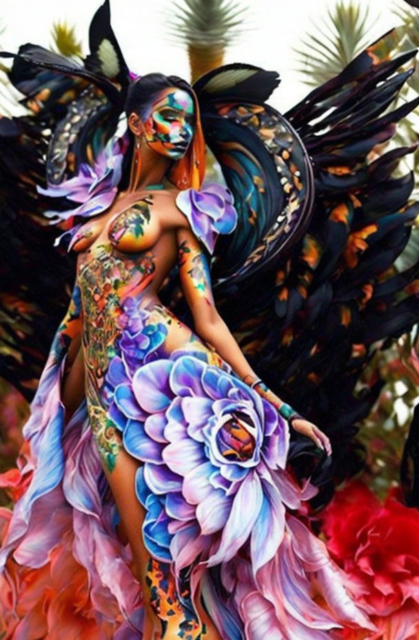 Elaborate body paint and feathered costume with flower prop on floral backdrop