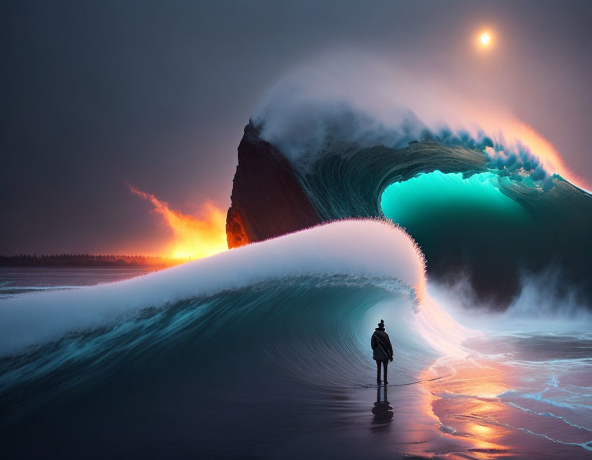 Person gazes at huge wave under dramatic sky