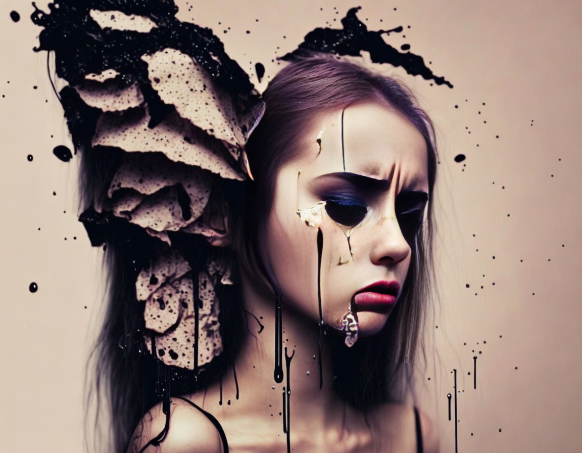 Woman with Dramatic Black Dripping Makeup and Textured Head Accessory