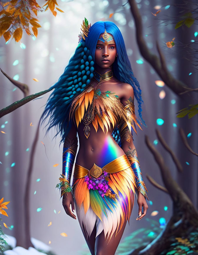 Colorful digital artwork: Woman with blue hair, tribal body paint, and feathers in mystical forest