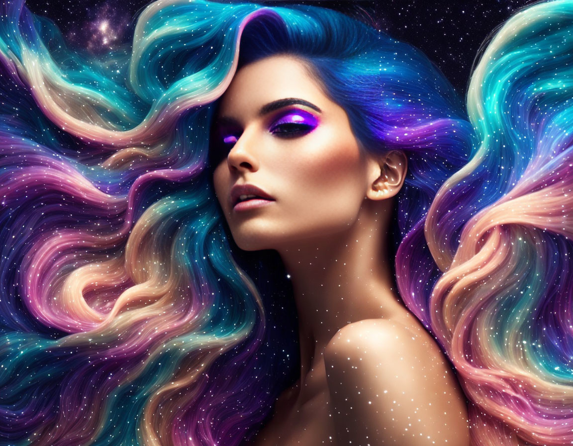 Cosmic-themed hair in blue, purple, and pink with starry background and bold eyeshadow