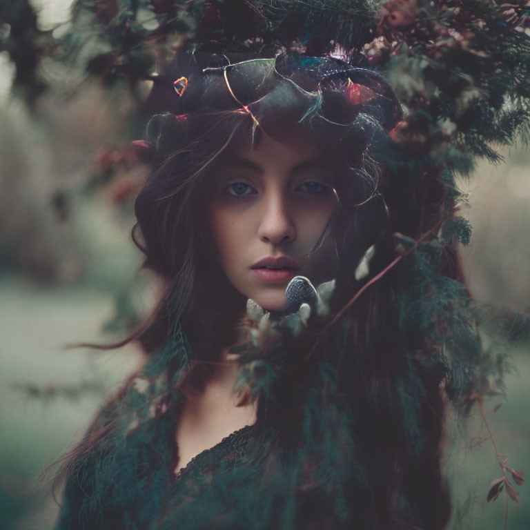 Woman with serene expression surrounded by dark green foliage and colorful light reflections wearing a subtle crown