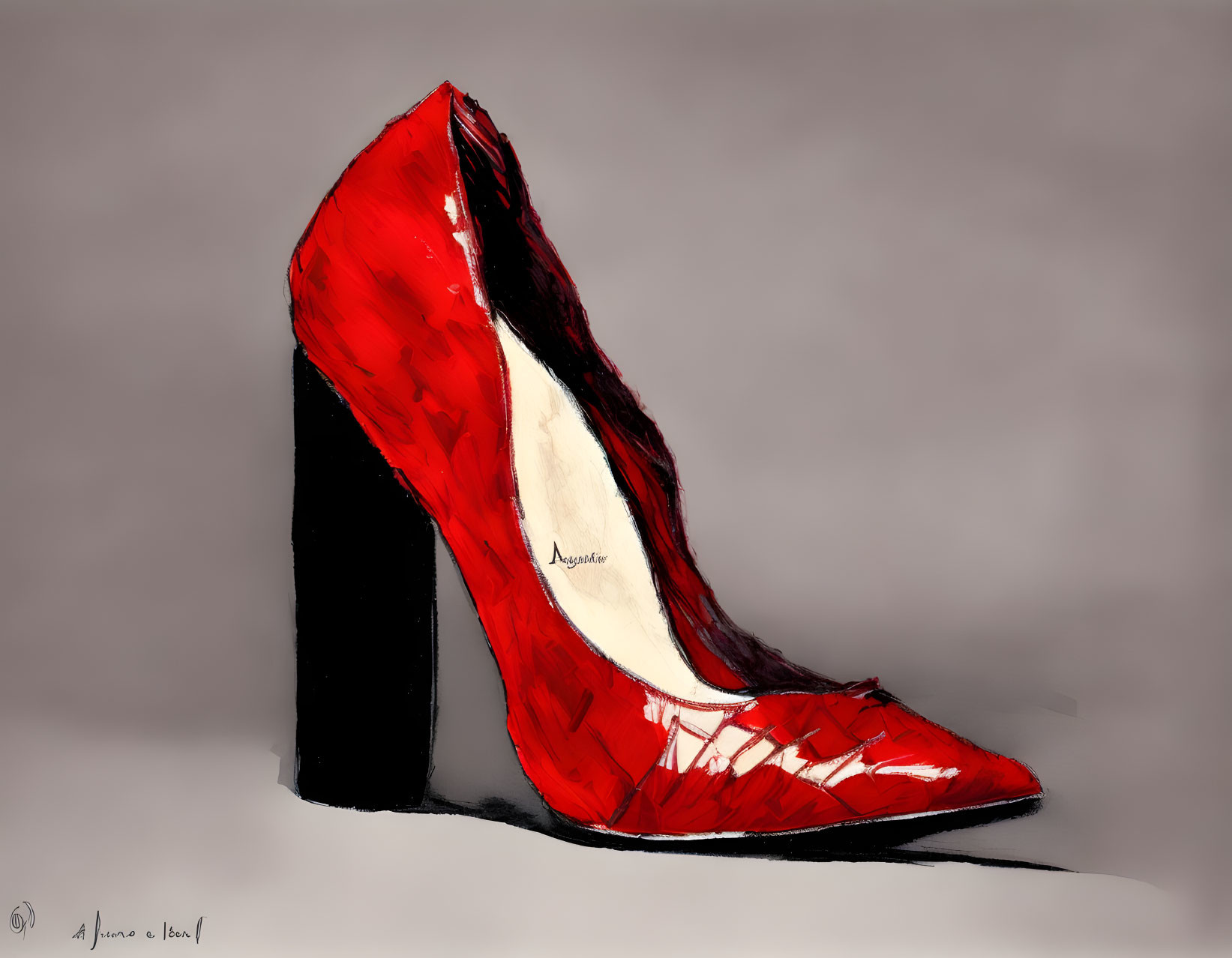 Red high-heeled shoe illustration on grey background with sketched style