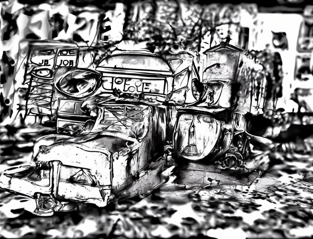 Monochrome surreal depiction of distorted dilapidated vehicle