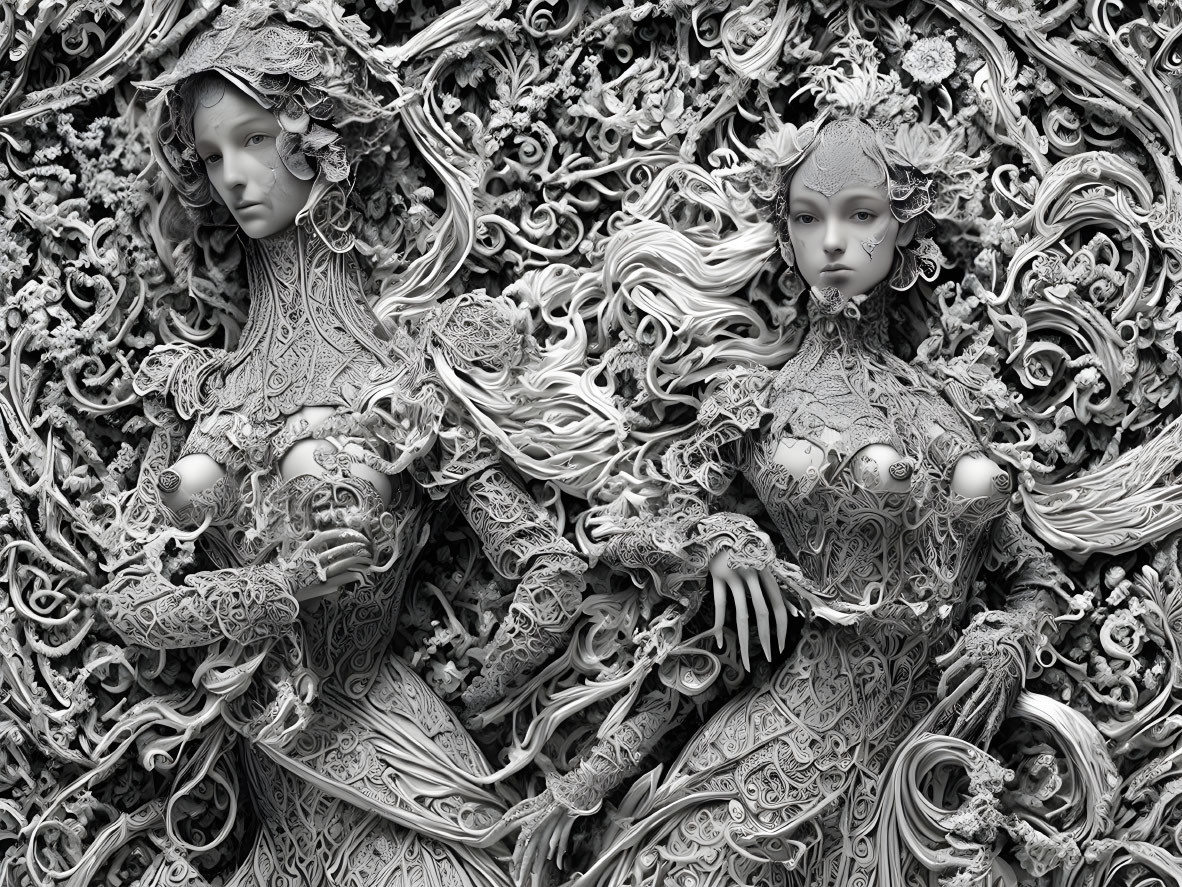 Detailed black and white sculpture of two women in flowing garments with floral patterns