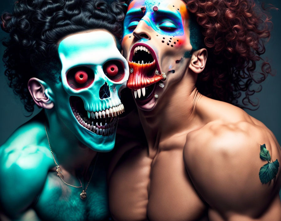 Two people in skull-inspired makeup and vibrant body paint striking artistic poses.