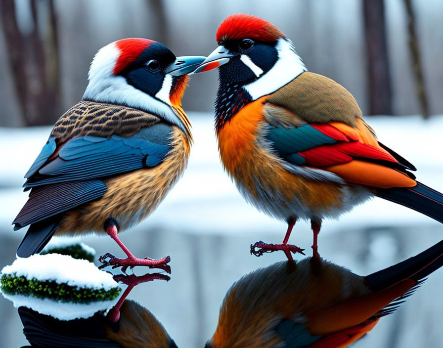 Vibrantly colored birds with red faces and multicolored feathers perched closely in snowy setting