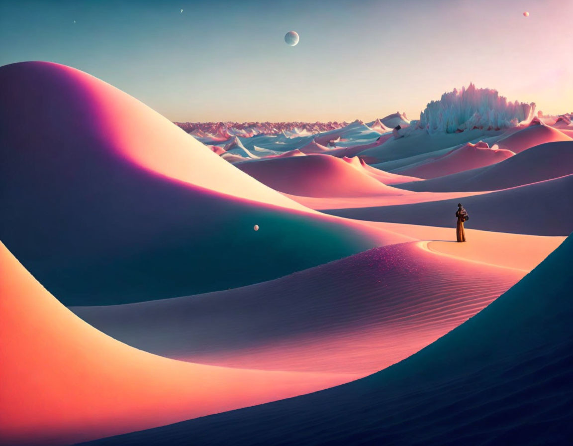 Vibrant pink and blue surreal landscape with dunes, person, and fantasy ice formations under alien