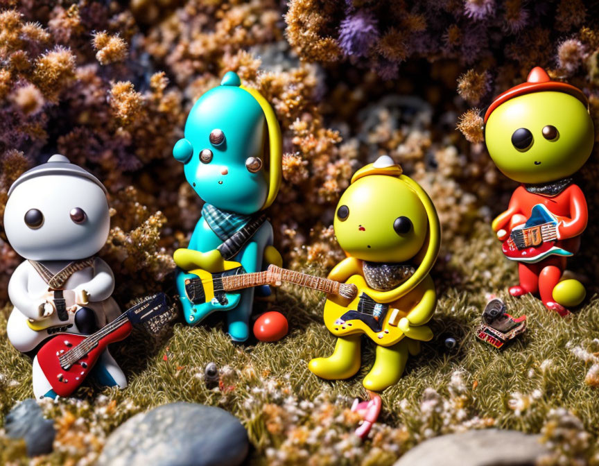 Colorful Cartoonish Figures Playing Guitars Among Rocks and Purple Plants