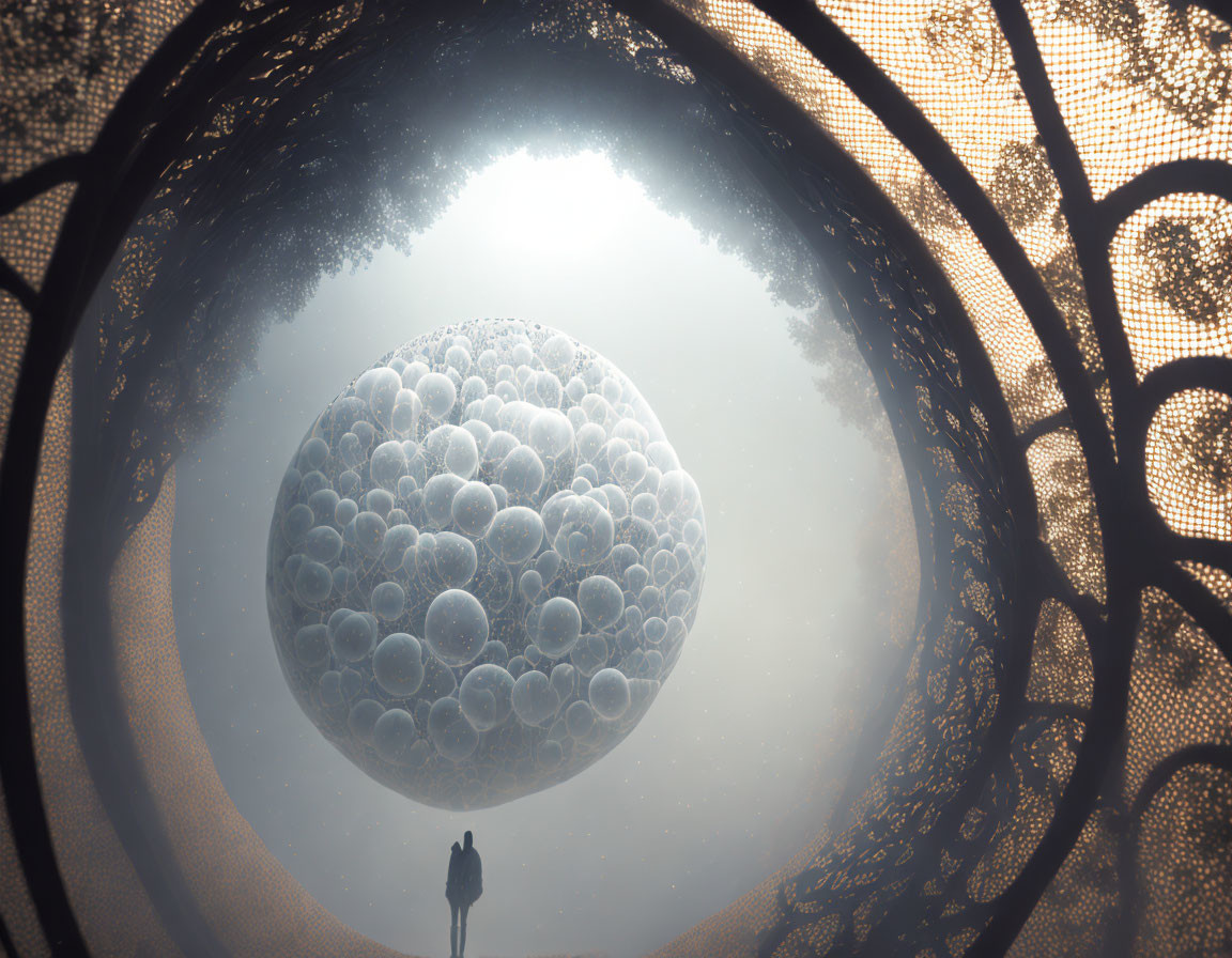 Surreal spherical structure with glowing orbs and circular frame