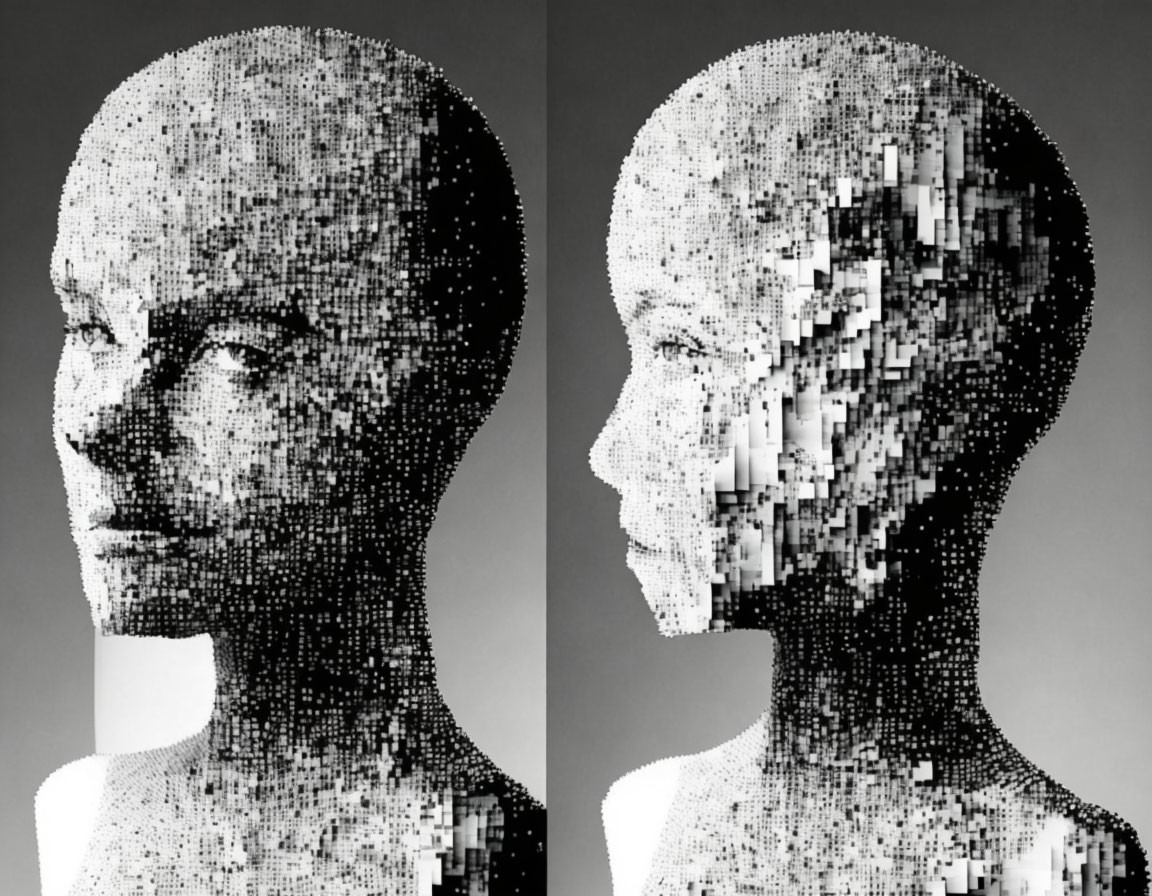 Monochrome voxel-style human heads on gray background