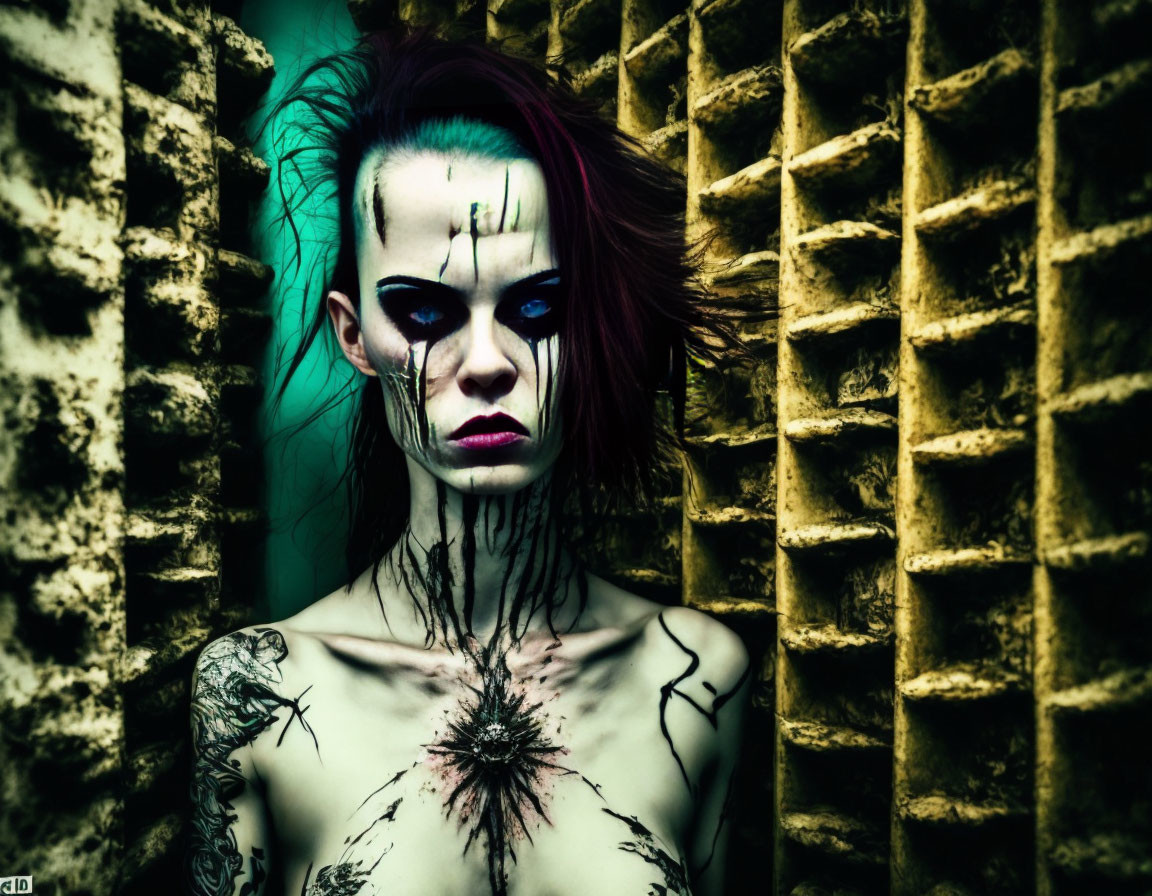 Person with dramatic makeup and tattoos against textured yellow wall