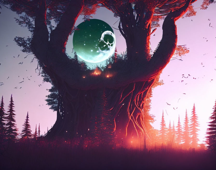 Majestic tree holding crescent moon in misty forest landscape