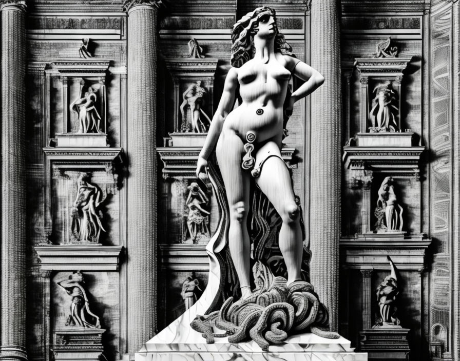 Monochrome statue photo: nude female with snakes, intricate reliefs