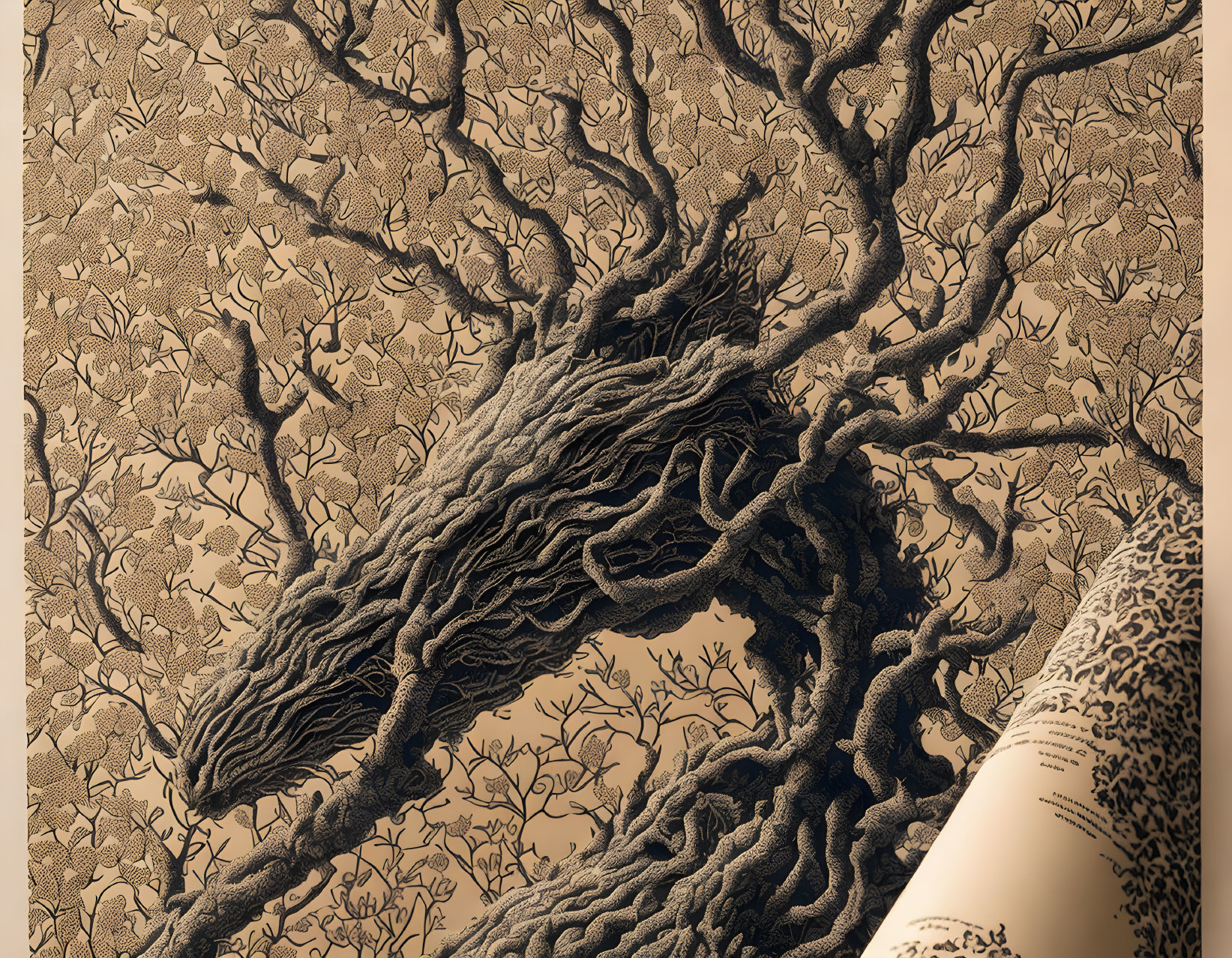 Detailed illustration of sprawling tree on textured beige background