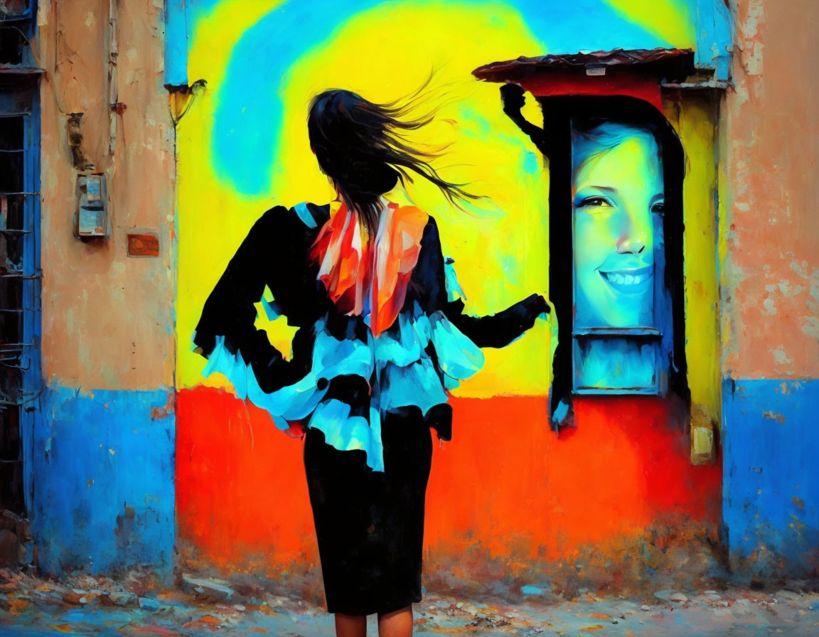 Windswept hair woman passing vibrant mural with smiling face on weathered wall