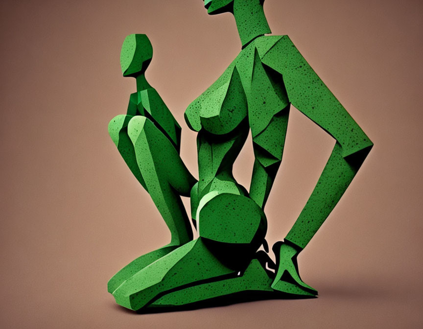 Green abstract human-like figures on brown background.