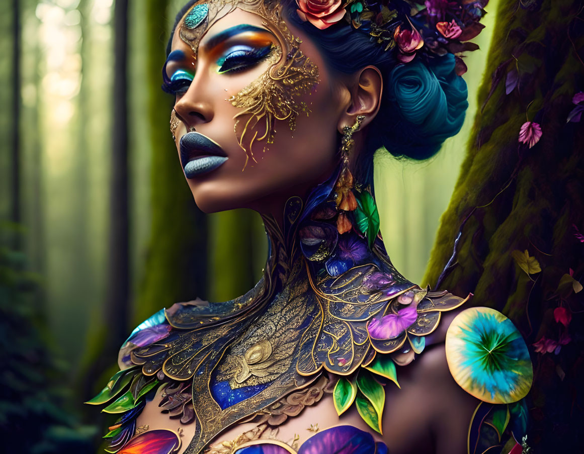 Colorful fantasy portrait with elaborate makeup and floral decorations